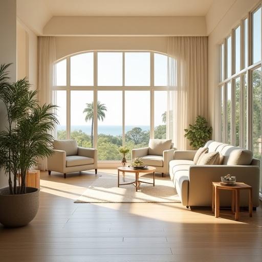 The bright and comfortable resident lounge at Terra Sanus, with seating areas and large windows.